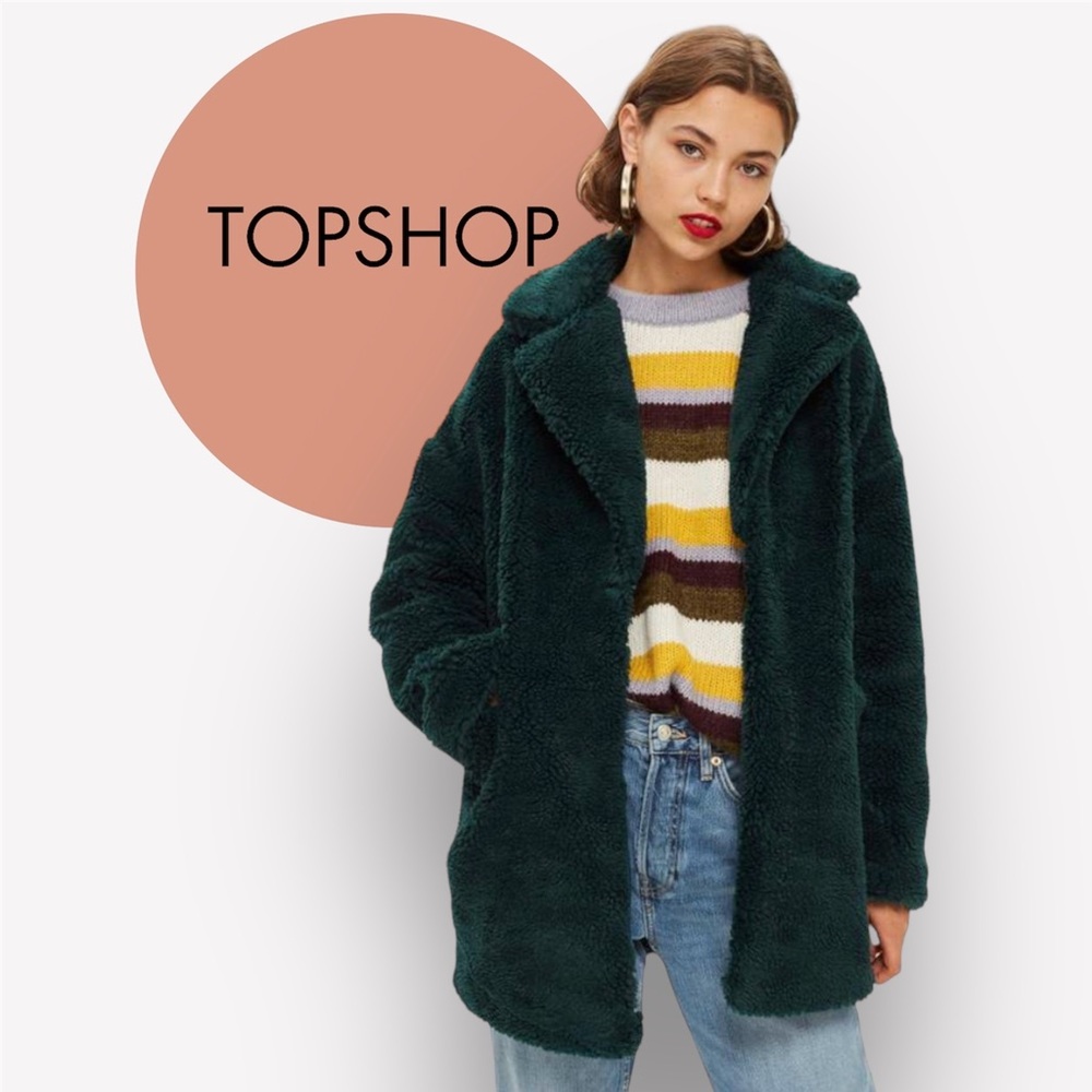 TOPSHOP TEDDY BORG COAT FOREST GREEN SIZE 6